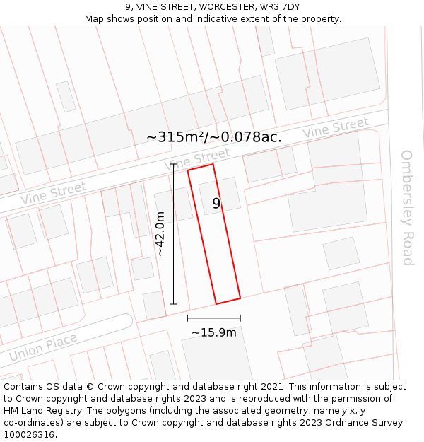 9, VINE STREET, WORCESTER, WR3 7DY: Plot and title map