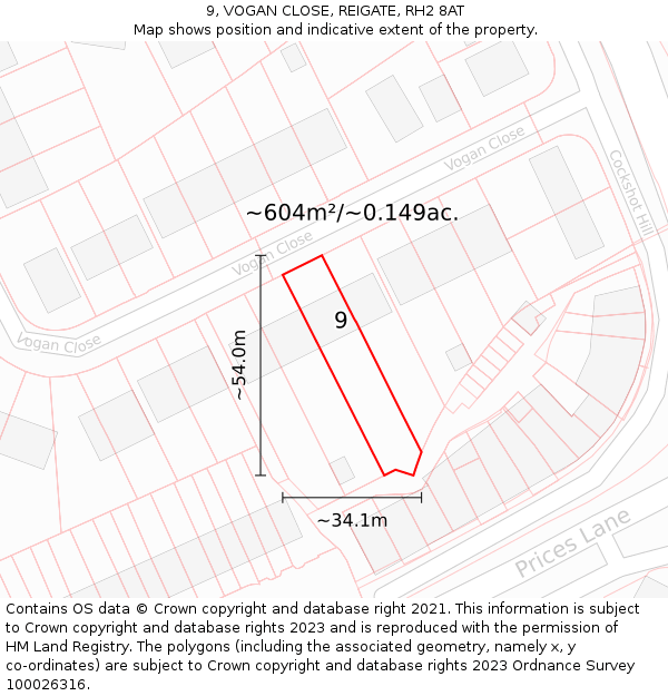 9, VOGAN CLOSE, REIGATE, RH2 8AT: Plot and title map