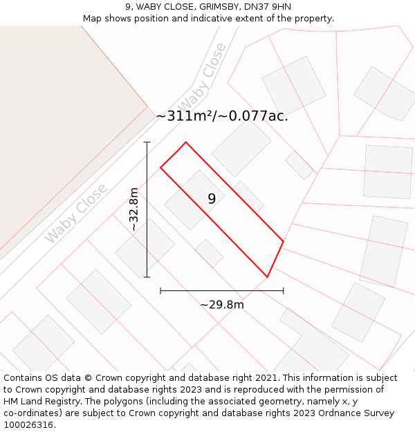9, WABY CLOSE, GRIMSBY, DN37 9HN: Plot and title map