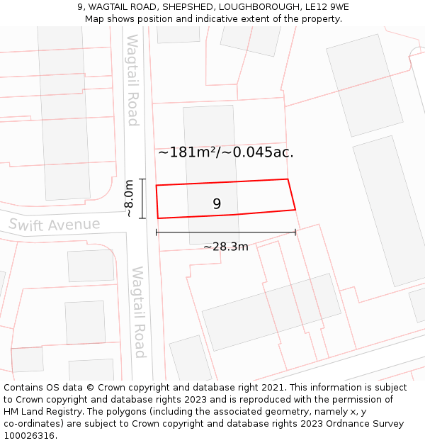 9, WAGTAIL ROAD, SHEPSHED, LOUGHBOROUGH, LE12 9WE: Plot and title map