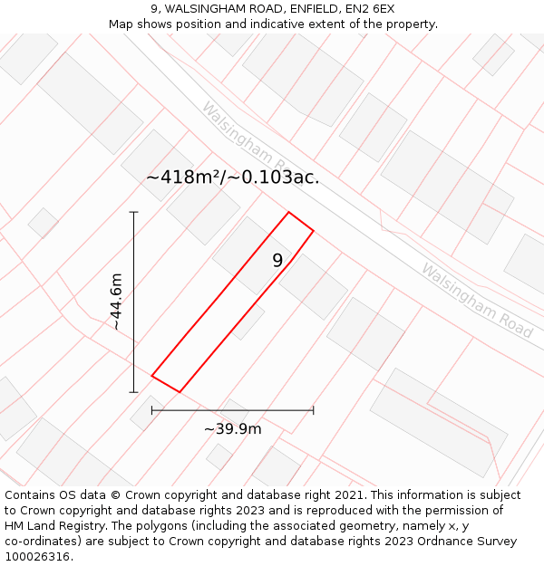 9, WALSINGHAM ROAD, ENFIELD, EN2 6EX: Plot and title map