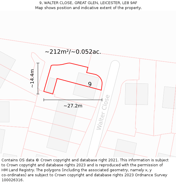 9, WALTER CLOSE, GREAT GLEN, LEICESTER, LE8 9AF: Plot and title map