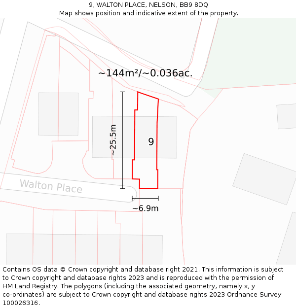 9, WALTON PLACE, NELSON, BB9 8DQ: Plot and title map