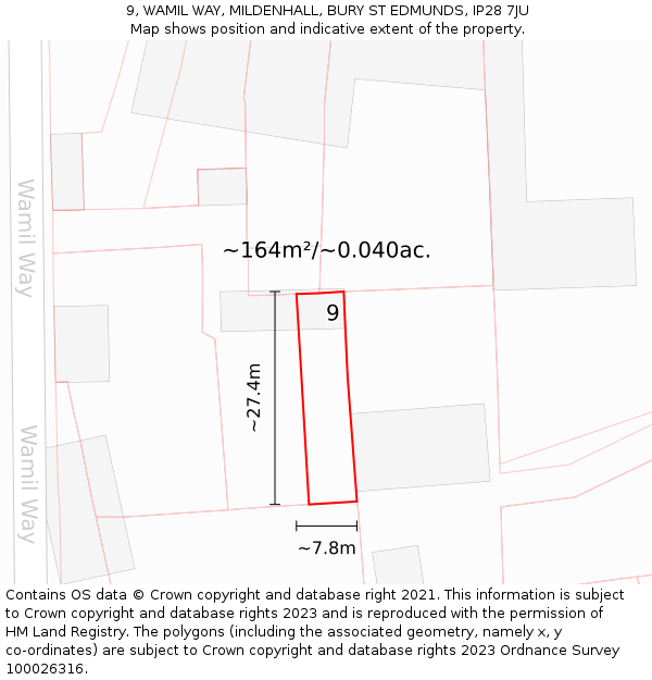 9, WAMIL WAY, MILDENHALL, BURY ST EDMUNDS, IP28 7JU: Plot and title map