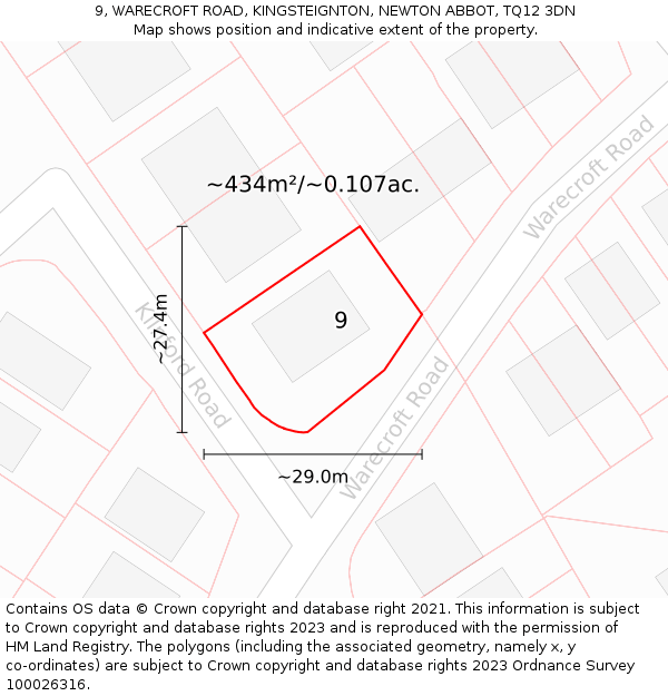9, WARECROFT ROAD, KINGSTEIGNTON, NEWTON ABBOT, TQ12 3DN: Plot and title map