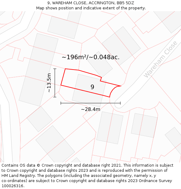 9, WAREHAM CLOSE, ACCRINGTON, BB5 5DZ: Plot and title map