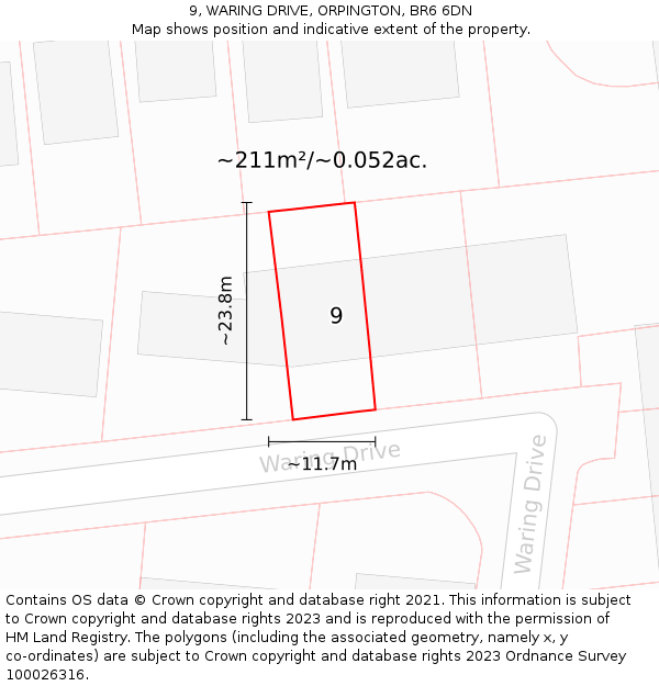 9, WARING DRIVE, ORPINGTON, BR6 6DN: Plot and title map