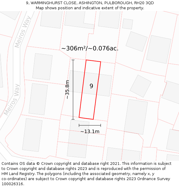 9, WARMINGHURST CLOSE, ASHINGTON, PULBOROUGH, RH20 3QD: Plot and title map
