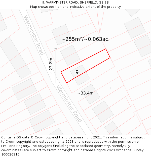 9, WARMINSTER ROAD, SHEFFIELD, S8 9BJ: Plot and title map