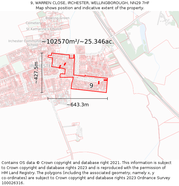9, WARREN CLOSE, IRCHESTER, WELLINGBOROUGH, NN29 7HF: Plot and title map