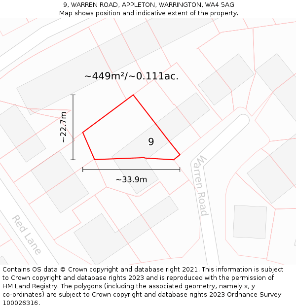 9, WARREN ROAD, APPLETON, WARRINGTON, WA4 5AG: Plot and title map