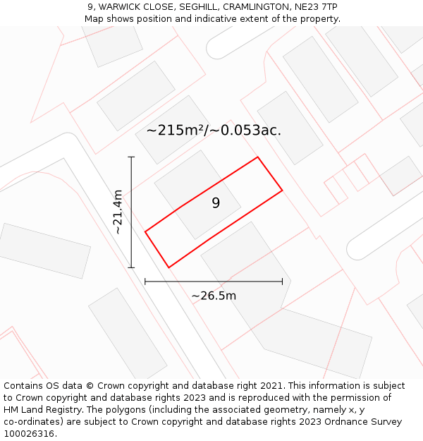 9, WARWICK CLOSE, SEGHILL, CRAMLINGTON, NE23 7TP: Plot and title map