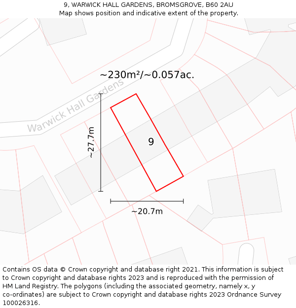 9, WARWICK HALL GARDENS, BROMSGROVE, B60 2AU: Plot and title map
