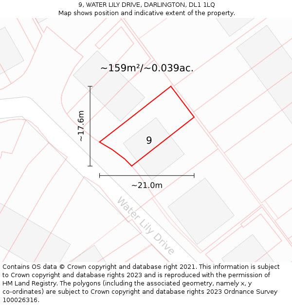 9, WATER LILY DRIVE, DARLINGTON, DL1 1LQ: Plot and title map