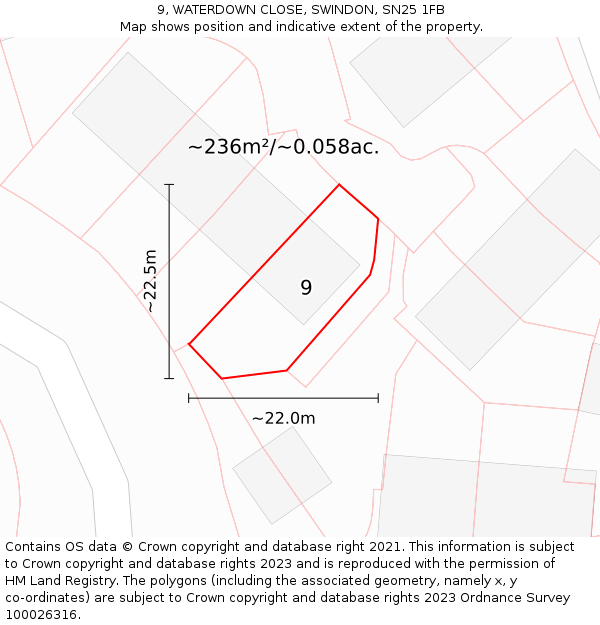9, WATERDOWN CLOSE, SWINDON, SN25 1FB: Plot and title map