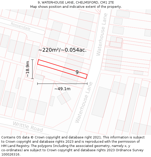 9, WATERHOUSE LANE, CHELMSFORD, CM1 2TE: Plot and title map