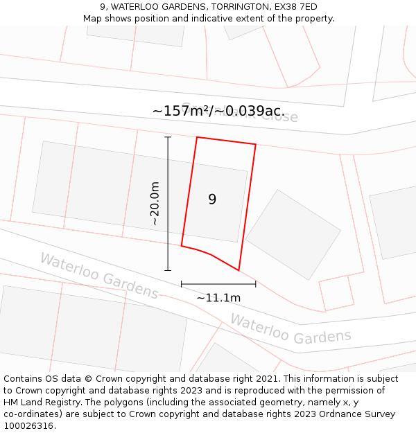 9, WATERLOO GARDENS, TORRINGTON, EX38 7ED: Plot and title map