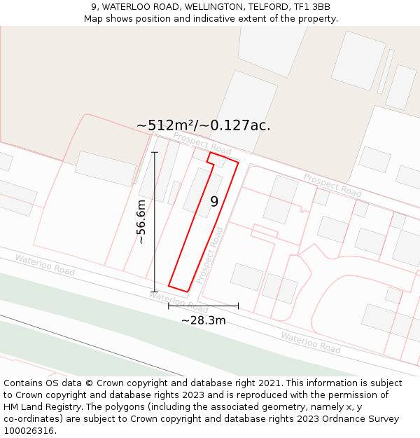 9, WATERLOO ROAD, WELLINGTON, TELFORD, TF1 3BB: Plot and title map