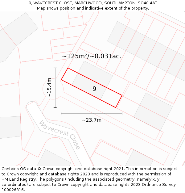 9, WAVECREST CLOSE, MARCHWOOD, SOUTHAMPTON, SO40 4AT: Plot and title map