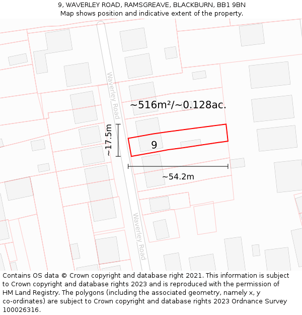 9, WAVERLEY ROAD, RAMSGREAVE, BLACKBURN, BB1 9BN: Plot and title map