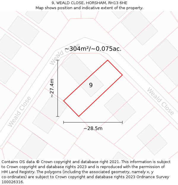 9, WEALD CLOSE, HORSHAM, RH13 6HE: Plot and title map