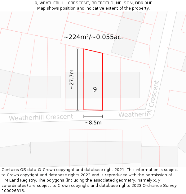 9, WEATHERHILL CRESCENT, BRIERFIELD, NELSON, BB9 0HF: Plot and title map