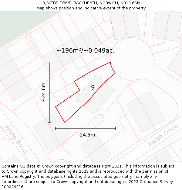 9, WEBB DRIVE, RACKHEATH, NORWICH, NR13 6SN: Plot and title map