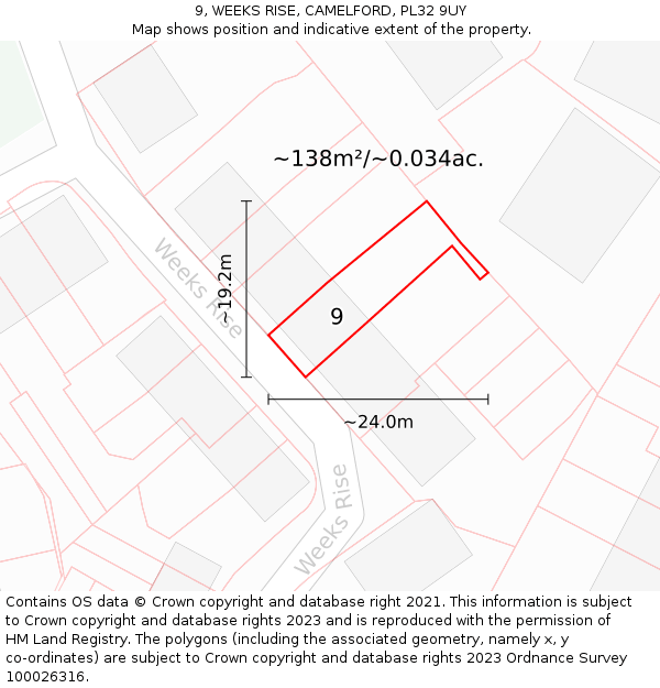 9, WEEKS RISE, CAMELFORD, PL32 9UY: Plot and title map