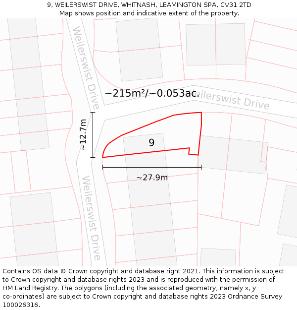 9, WEILERSWIST DRIVE, WHITNASH, LEAMINGTON SPA, CV31 2TD: Plot and title map