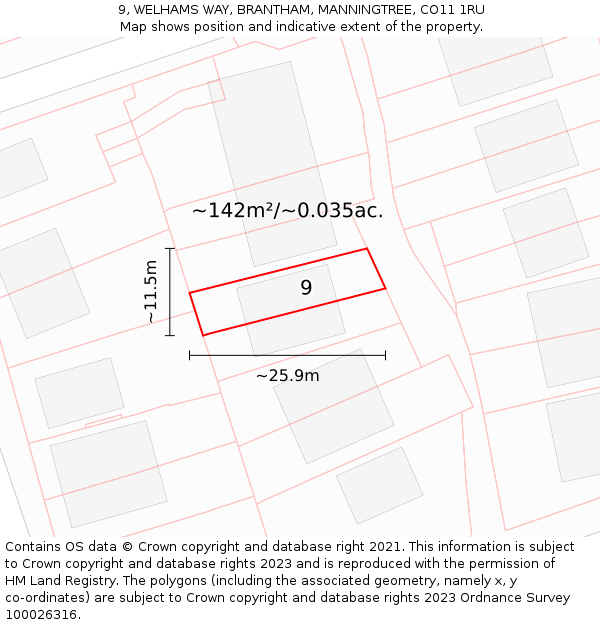 9, WELHAMS WAY, BRANTHAM, MANNINGTREE, CO11 1RU: Plot and title map