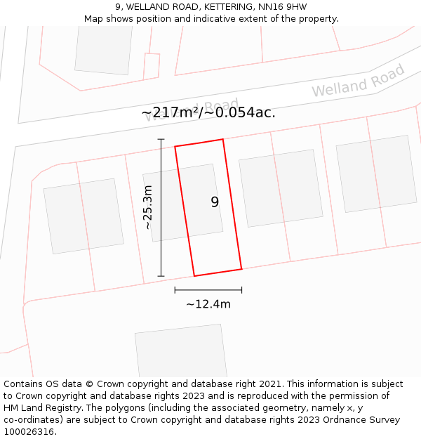 9, WELLAND ROAD, KETTERING, NN16 9HW: Plot and title map