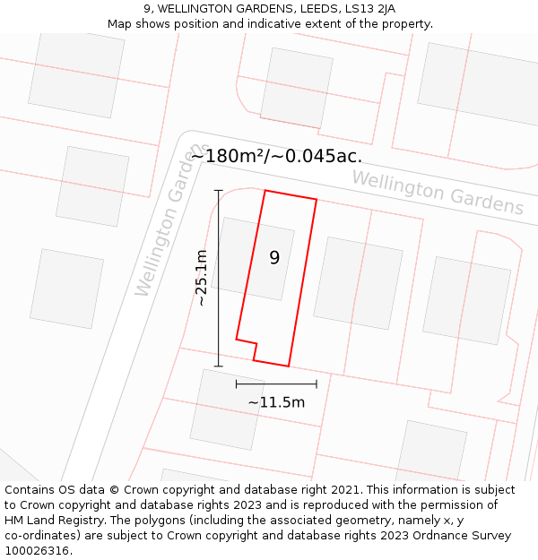 9, WELLINGTON GARDENS, LEEDS, LS13 2JA: Plot and title map