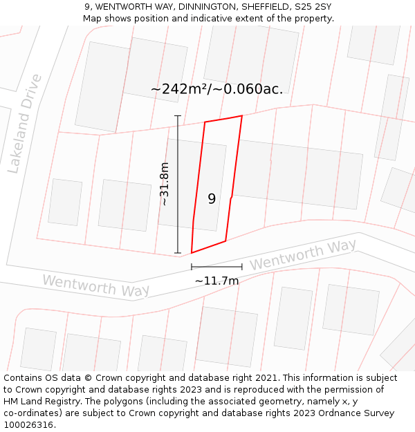 9, WENTWORTH WAY, DINNINGTON, SHEFFIELD, S25 2SY: Plot and title map