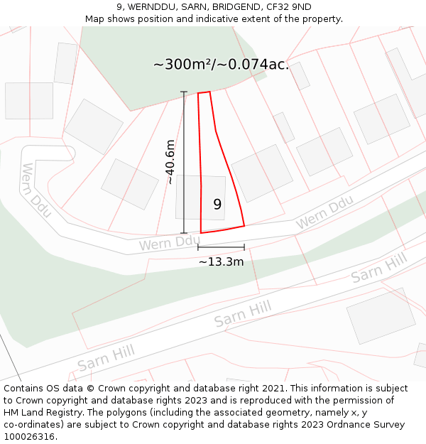 9, WERNDDU, SARN, BRIDGEND, CF32 9ND: Plot and title map