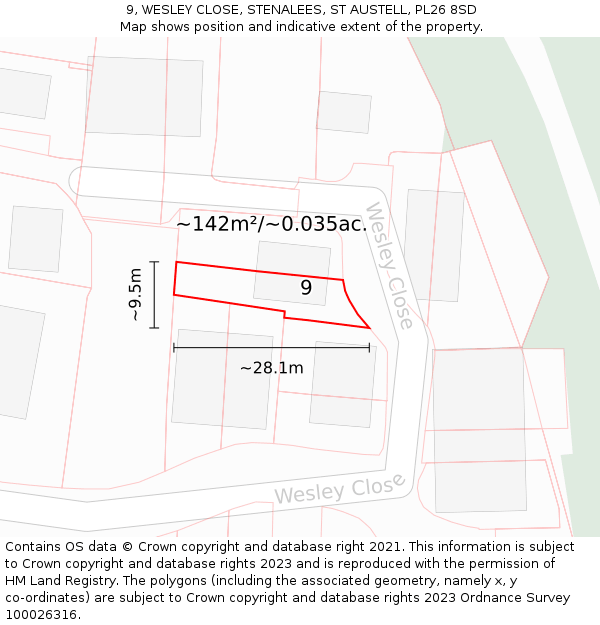 9, WESLEY CLOSE, STENALEES, ST AUSTELL, PL26 8SD: Plot and title map