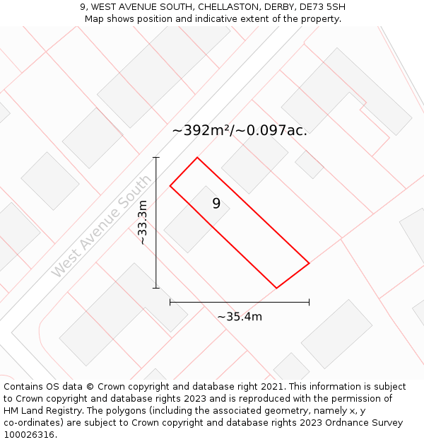 9, WEST AVENUE SOUTH, CHELLASTON, DERBY, DE73 5SH: Plot and title map