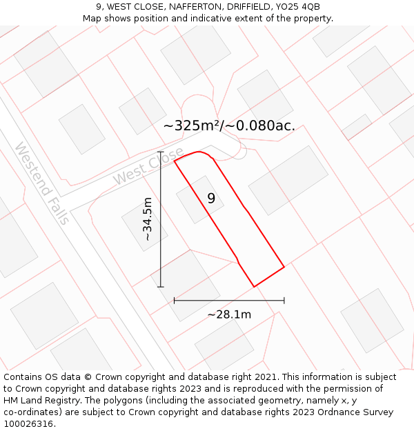 9, WEST CLOSE, NAFFERTON, DRIFFIELD, YO25 4QB: Plot and title map
