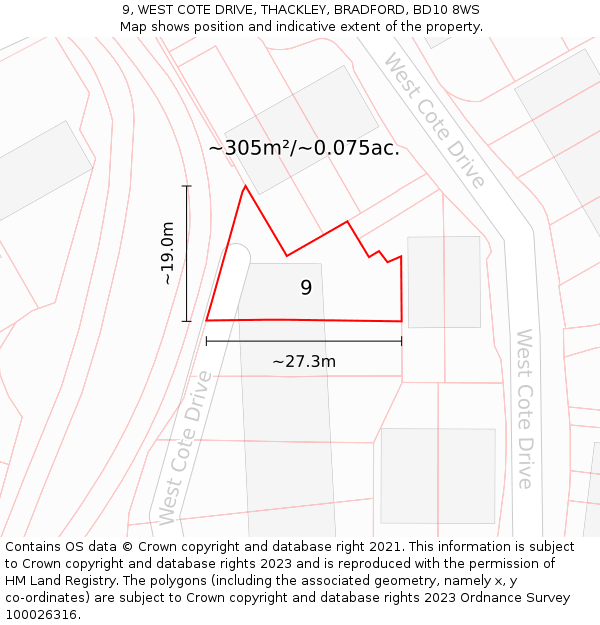 9, WEST COTE DRIVE, THACKLEY, BRADFORD, BD10 8WS: Plot and title map
