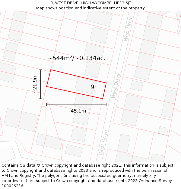 9, WEST DRIVE, HIGH WYCOMBE, HP13 6JT: Plot and title map