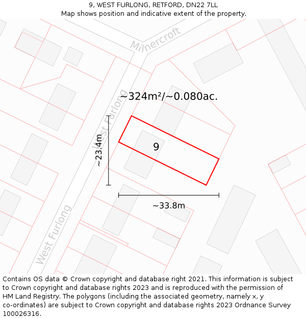 9, WEST FURLONG, RETFORD, DN22 7LL: Plot and title map