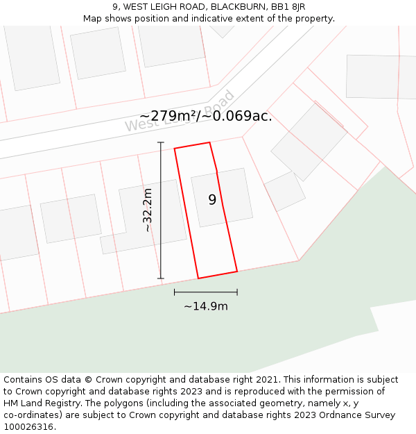 9, WEST LEIGH ROAD, BLACKBURN, BB1 8JR: Plot and title map