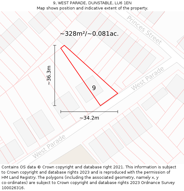 9, WEST PARADE, DUNSTABLE, LU6 1EN: Plot and title map