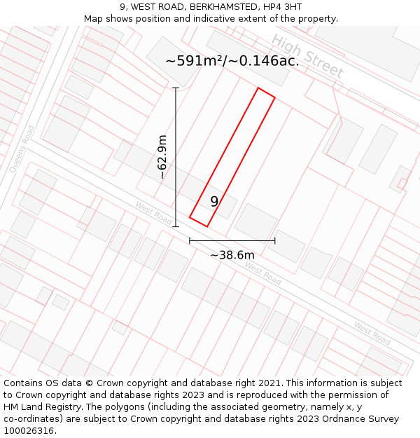 9, WEST ROAD, BERKHAMSTED, HP4 3HT: Plot and title map