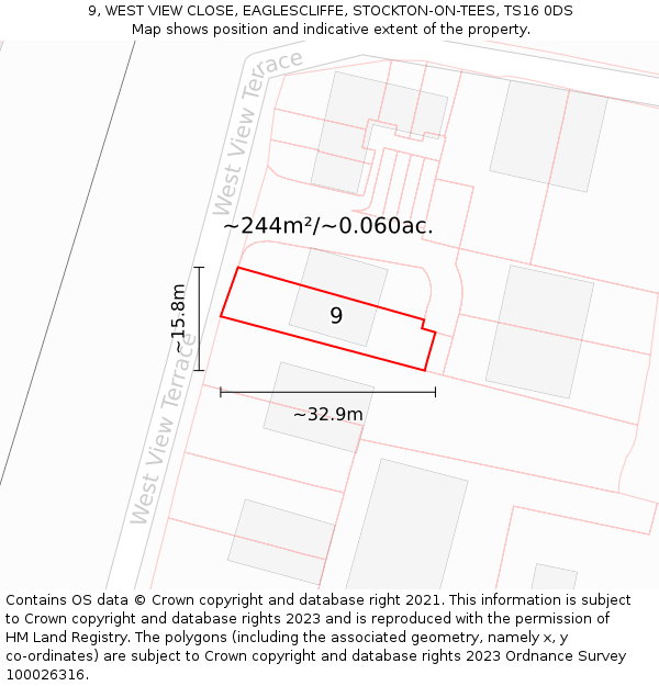 9, WEST VIEW CLOSE, EAGLESCLIFFE, STOCKTON-ON-TEES, TS16 0DS: Plot and title map