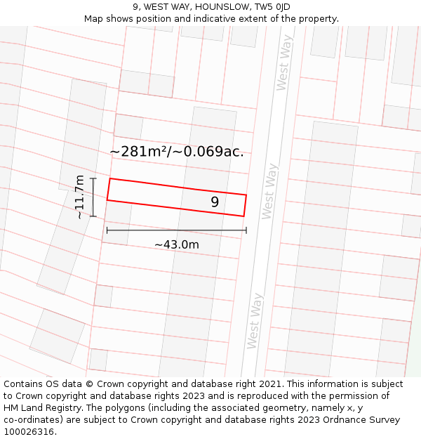 9, WEST WAY, HOUNSLOW, TW5 0JD: Plot and title map