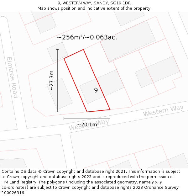 9, WESTERN WAY, SANDY, SG19 1DR: Plot and title map