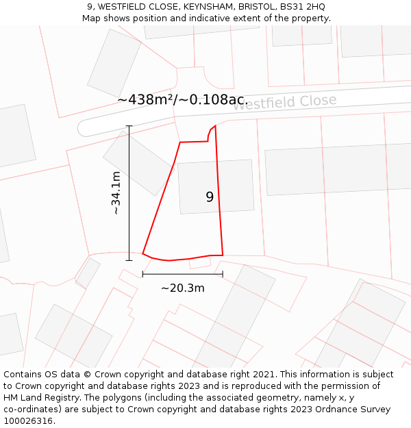 9, WESTFIELD CLOSE, KEYNSHAM, BRISTOL, BS31 2HQ: Plot and title map