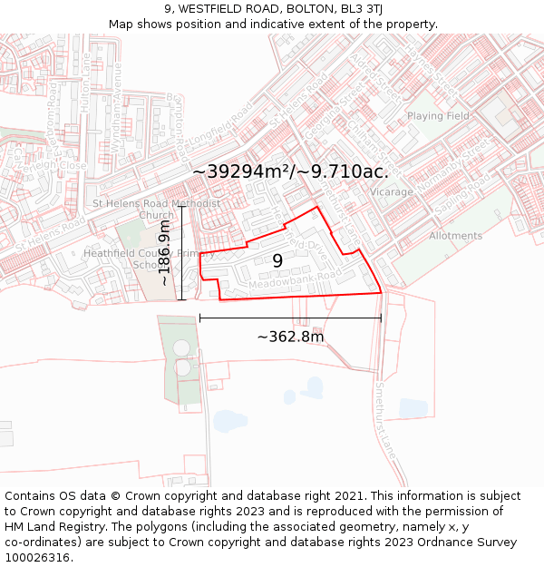 9, WESTFIELD ROAD, BOLTON, BL3 3TJ: Plot and title map