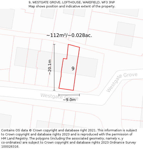 9, WESTGATE GROVE, LOFTHOUSE, WAKEFIELD, WF3 3NP: Plot and title map