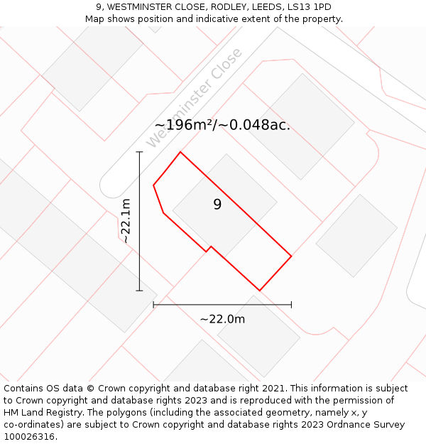 9, WESTMINSTER CLOSE, RODLEY, LEEDS, LS13 1PD: Plot and title map